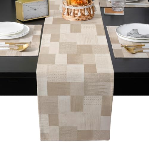 Cream Beige Checked Table Mats Set of 6 with Table Runner 90 Inches