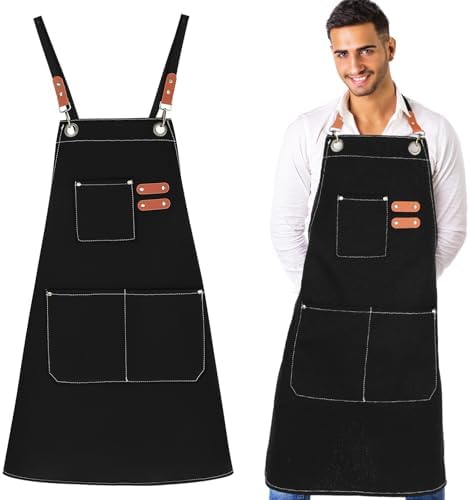 Cooking Apron Black 12 Oz Cotton Chef Apron with Adjustable Straps for