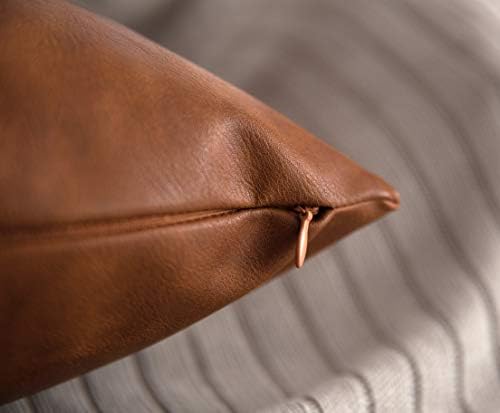 Faux Leather Throw Pillow Covers 22x22 inch, Set of 2 Thick Cognac