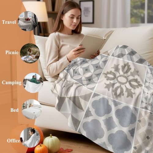 Boho Patchwork Blanket Plush Cozy Fuzzy Throw Blanket for