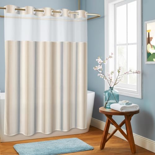 Extra Long No Hook Shower Curtain Bathroom Decor Brown Gray Striped