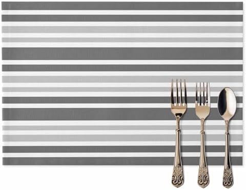 Gradient Gray Stripe Placemats Set of 8, Geometric Washable Cotton