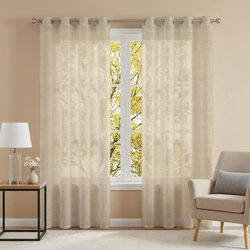 Rustic Beige Sheer Curtains 96 Inch Length 2 Panels Set for Living