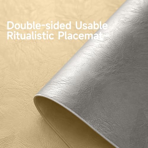 Faux Leather Placemats Set of 6, 12x18 inch Reversible Beige & Gray