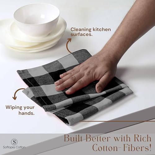 12 Pack Light Grey and Black Buffalo Check Kitchen Towels, 16"x26"