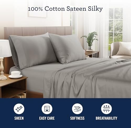 IZOD Twin XL Sheet Set, 100% Cotton Sateen Silky, Taupe, Deep Pocket