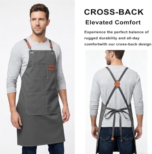 ZOMAO Chef Apron for Women Men with Large Pockets, Cotton Canvas Cross