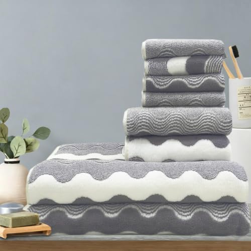 ABREEZE Wave Stripe Pattern Towel Set, Grey, 8pc