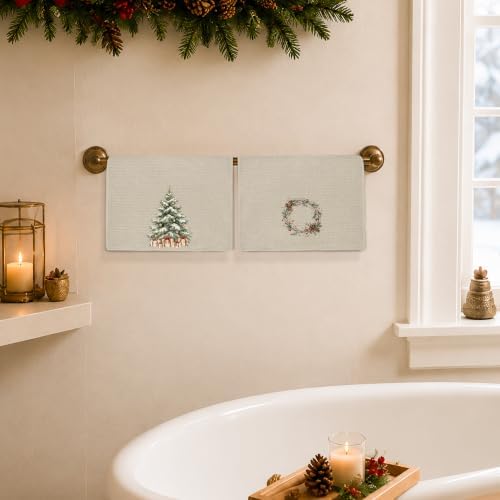 Christmas Tree Wreath Kitchen Towels, Rustic Vintage Neutral Winter