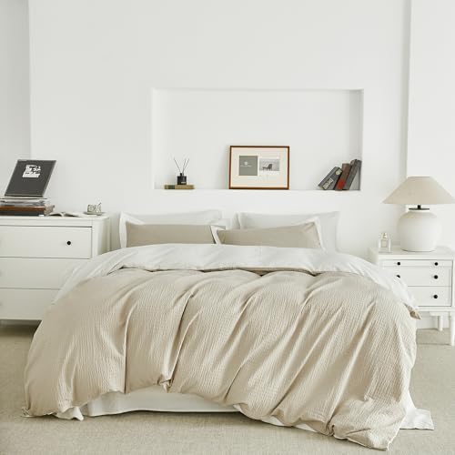 SUSYBAO Khaki Textured Duvet Cover Queen 100% Cotton 3 Pieces Set
