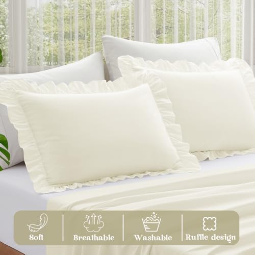 KKJIAF Ruffle Pillow Cases Queen Size Set of 2, Beige