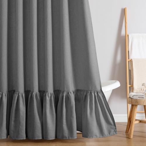 QiyI Boho Ruffle Shower Curtain, Natural Linen Fabric, Grey, 72 x 72