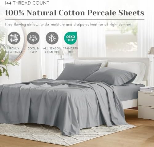 Comfort Spaces 100% Cotton Percale Sheets King Sheet Set 4 Pcs, Dark