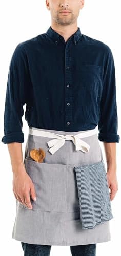 Caldo Linen Bistro Cafe Apron - Professional Grade with Pockets, Half