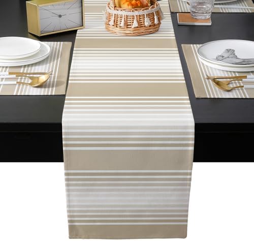 Beige Striped Table Runner and Placemats for Dining Table, Burlap