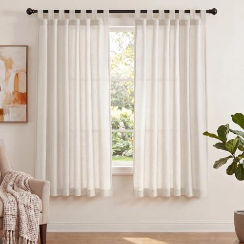 Linen Sheer Tab Top Curtains for Living Room Bedroom 63 inches Long