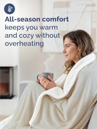 Sherpa Fleece Blanket King Size - Reversible Blanket - Cream, 90" x