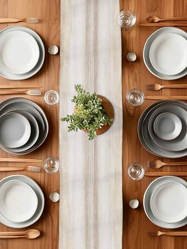 Khaki Table Runner 72 inches Long Abstract Light Beige Ombre Linen