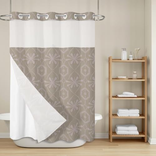 No Hook Brown Boho Geometric Shower Curtain with Snap in Liner Set