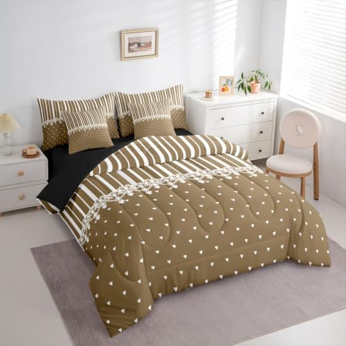 Erosebridal Taupe Heart Striped Queen Comforter Set with Sheets 7 Pcs