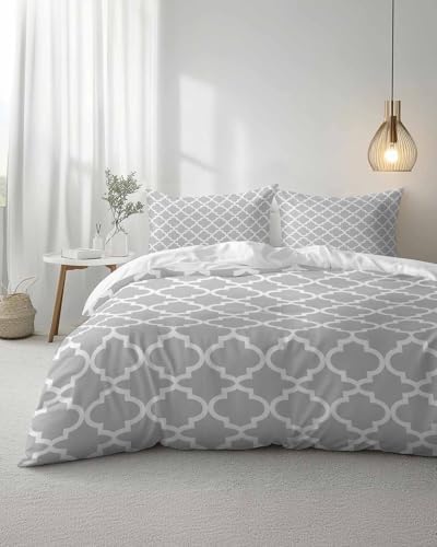 Duvet Cover Set Full, Country Light Grey Geometric 3 Piece Bedding Set