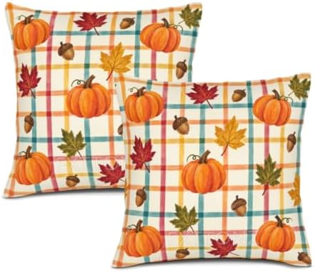 Leaves Plaid Decor Pillow Covers 22x22 Inch Set of 2 Linen for Fall