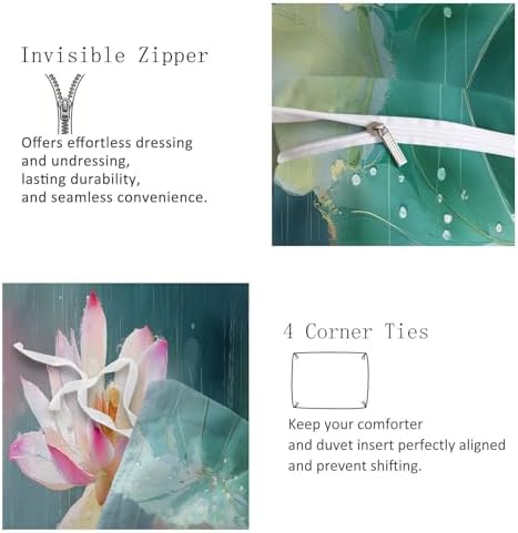 California King Duvet Cover Set Chinese Art Lotus Flowers Rainwater