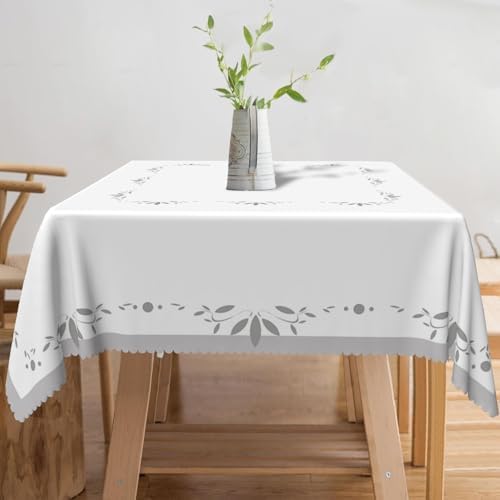 70x70inches White Grey Square Tablecloth Minimalism Grey Leaves