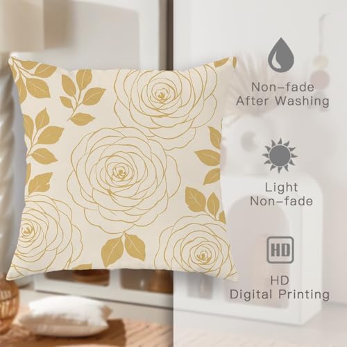 Rose Floral Throw Pillow Covers Set of 2, Cream Gold Flower Decorative