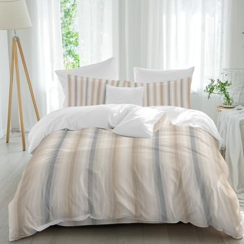 Brown Gray Striped Duvet Cover Queen Size Bedding Set 4 Pieces, 1