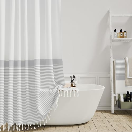 Dynamene Grey Fabric Shower Curtain, Farmhouse Boho Striped Tassel