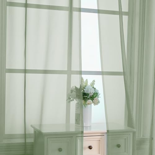 OVZME Light Green Sheer Curtains 63 inch Length 2 Panels Set for