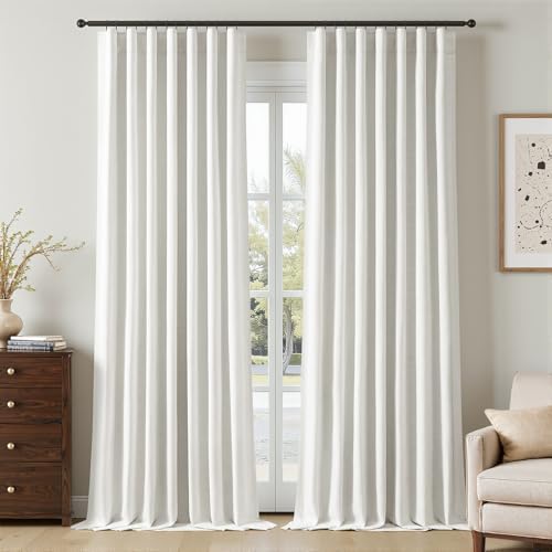 Topfinel Beige White Extra Long Blackout Linen Curtains 112 Inch 2