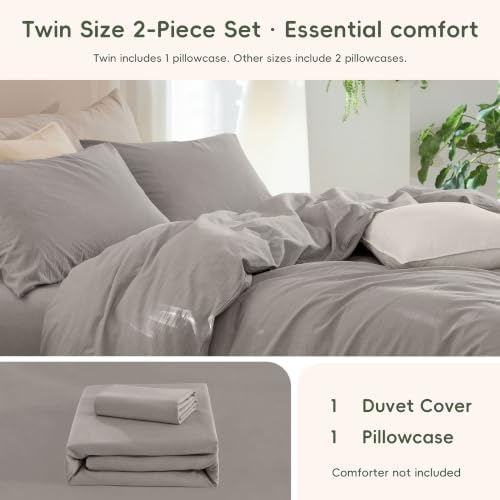 JIYUAN Twin Washed Cotton Duvet Cover Set, 2-Piece, Relaxed Linen Feel