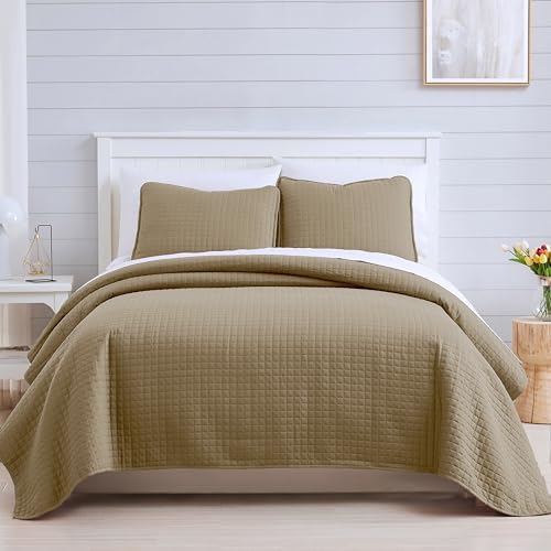 Oversized Twin Quilt Bedding Set with 1 Quilted Pillow Sham, Taupe
