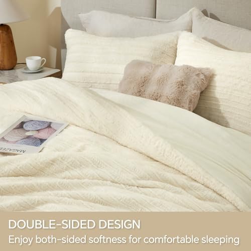 BEDELITE Faux Fur King Size Comforter Set, Fluffy Bed Set, Cream White