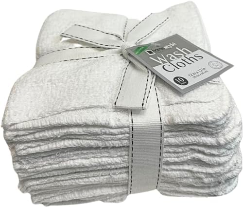 Home Style Essential 100% Cotton White Wash Cloths, 12X12 in, 10/Pack
