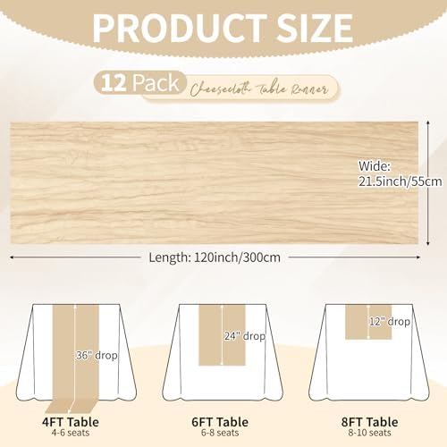 12 Pack Beige Cheesecloth Table Runner 10Ft, Gauze Table Runners 21.5