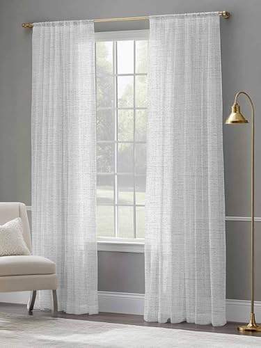Vintage White Sheer Curtains 108 Inch Long, Linen Texture Farmhouse