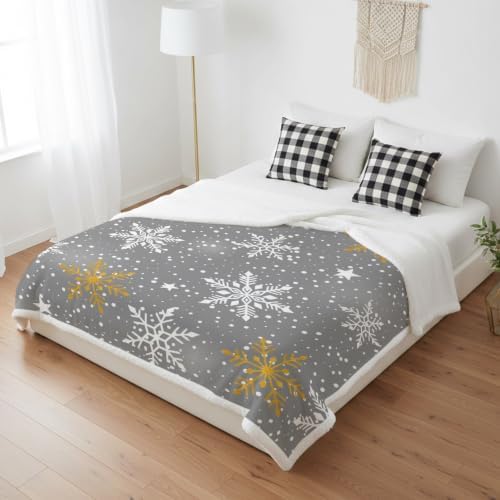 Christmas Snowflake Sherpa Fleece Blanket Grey Winter Yellow White