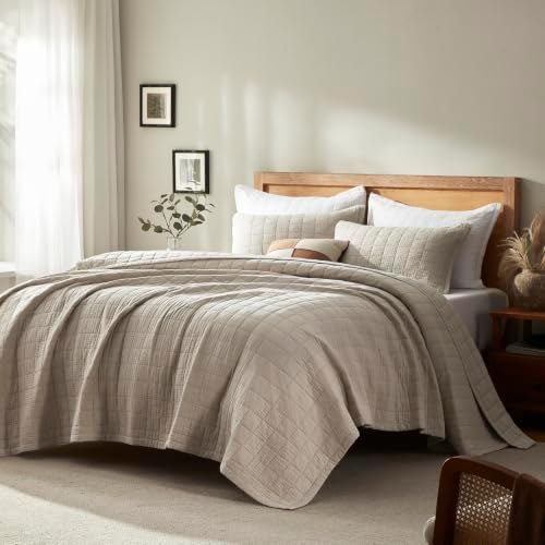 LEAONME Cotton Quilt Set California King, Beige Extra Wide Coverlet