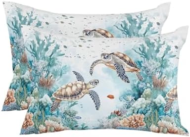 12x20 Outdoor Pillows Set of 2, Teal Coastal Turtle Waterproof Throw