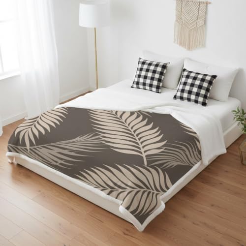 Fleece Sherpa Bed Blankets, Rustic Palm Leaves Microfiber Plush