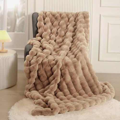 Taupe Faux Rabbit Fur Bubble Throw Blanket 50 x 60 in