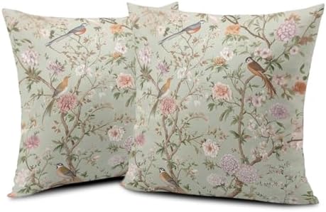 Green Floral Bird Pillow Covers 22x22 Set of 2 Chinoiserie Throw
