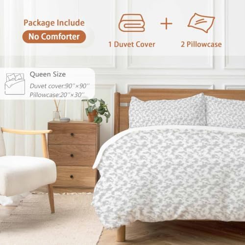Gray Florals Duvet Cover Queen Size, Cottagecore Vine Leaves