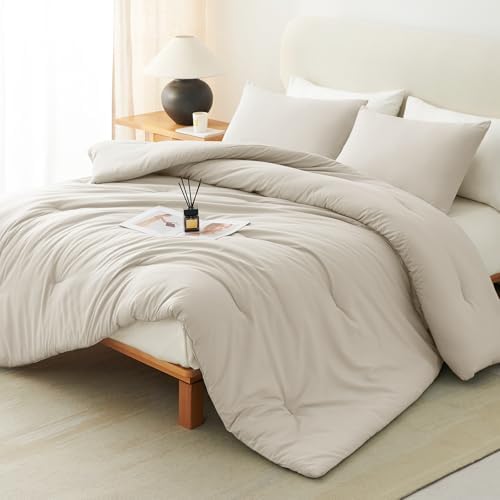 CozyLux Oversized Queen Comforter Set, 3 Pieces Beige Quilted Bedding