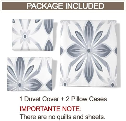 Grey Floral Duvet Cover King Size, Vintage Flower Comforter Cover 104"