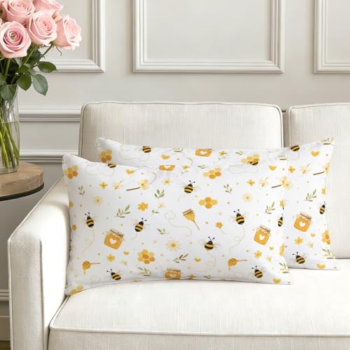 Farmhouse Bees Pillow Covers 12x20IN Set of 2 Cotton Linen Reversible