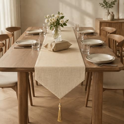 Beige Faux Linen Table Runner Waterproof Elegant Modern Table Decor